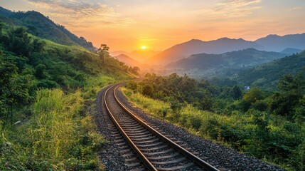 Fototapeta premium Winding Railway Track Through Lush Green Mountains