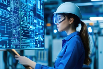 A woodworker shaping a piece of wood with AI-powered precision tools, augmented reality elements in the background, neon accents, cyberpunk vibe.