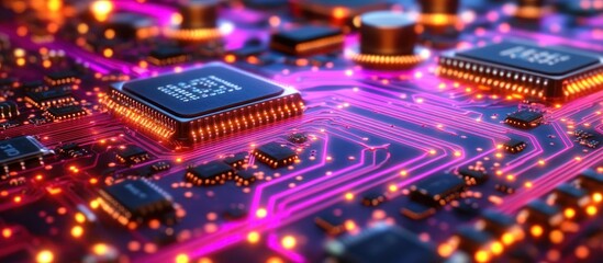 Close-up of a circuit board with glowing components.