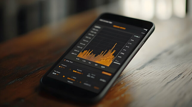 Digital financial analysis mobile device data visualization indoor close-up modern technology trends