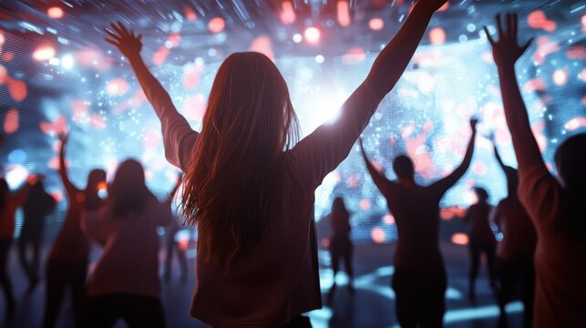 A birthday party in a futuristic virtual reality setting, with avatars dancing under bright neon lights and holographic banners. Sci-fi, vibrant, energetic.