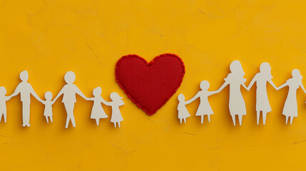 Herz und Familie aus Papiersilhouetten auf gelbem Hintergrund

