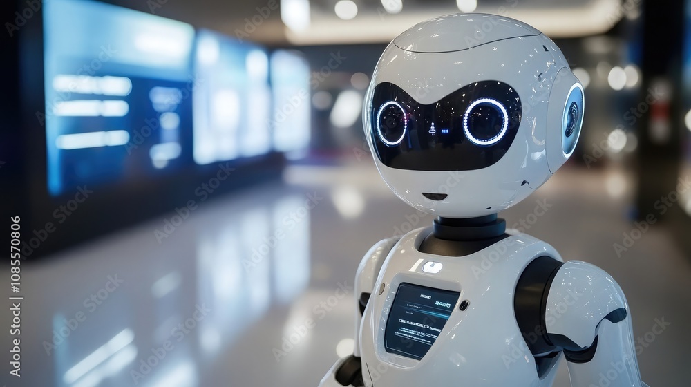 Poster a close-up shot of a friendly-looking white robot in a modern setting. its large, expressive eyes an