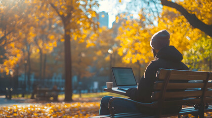 Fototapeta premium Person working on laptop in autumn park outdoor lifestyle serene environment focused viewpoint remote work concept