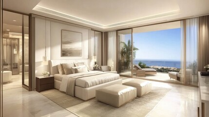 Fototapeta premium Luxurious modern bedroom with large windows, stunning ocean view, elegant decor, and bright natural light creating a serene atmosphere for relaxation and comfort