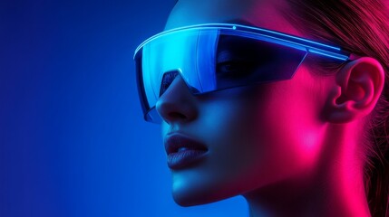 Stylish woman in neon glasses with futuristic blue lighting