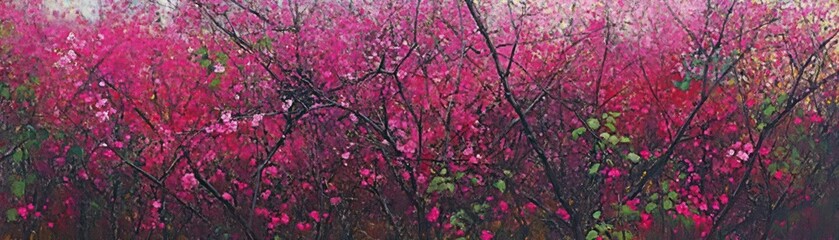 A vibrant, abstract landscape filled with blooming pink flowers and dark branches.