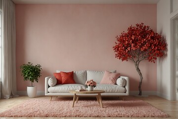Red hearts on pink sofa in white living room decor with tree, Rooms of Love on Valentine`s Day. Background and interior