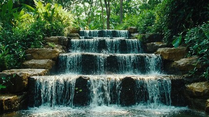 Naklejka premium Cascading Waterfall Over Rocks in Dense Greenery