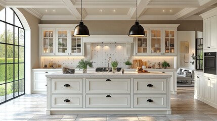 Modern kitchen with white cabinetry and open layout design.