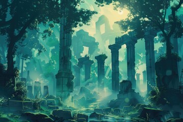 Sun-Dappled Ruins Reclaimed by Lush Greenery