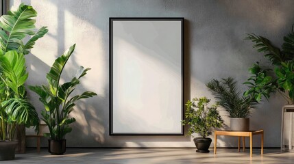 Large vertical frame with reflective glass, on a Japandi-