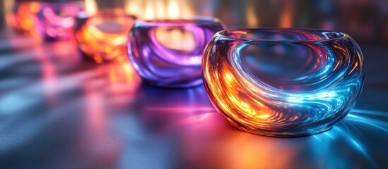 Colorful glass bowls reflecting light.