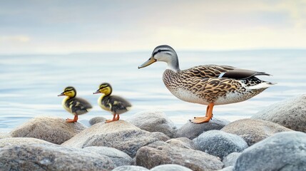 Obraz premium Mother duck leading her duckling across a rocky shore, both leaving small footprints on the stones.