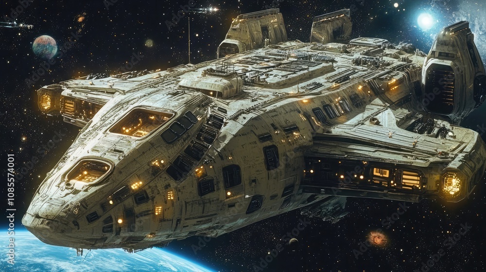 Poster massive spaceship docked at an interstellar port with cargo bays open