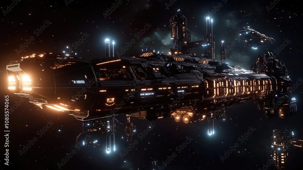 Poster massive spaceship docking at a floating space station with glowing lights and structures