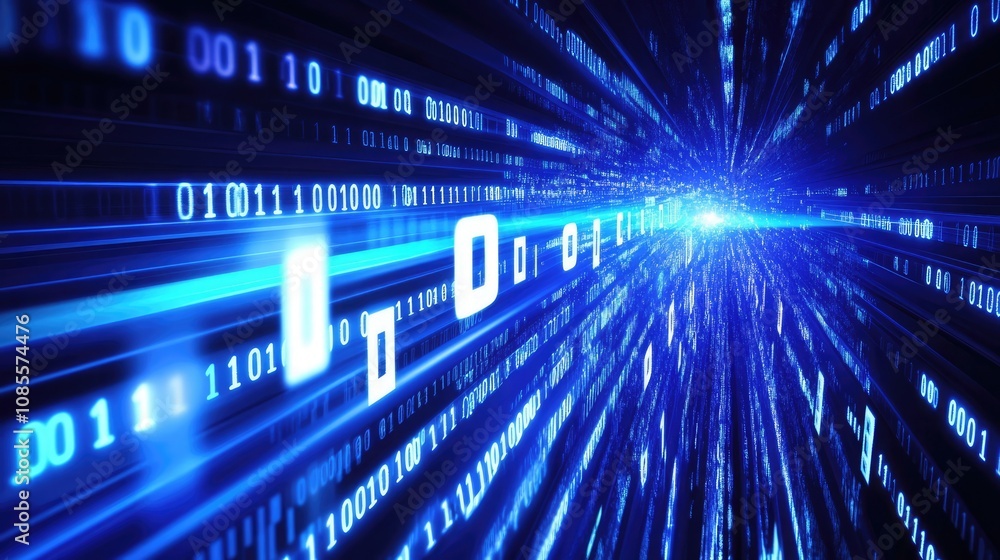Poster Minimalist digital data concept with binary code and abstract lines across dark blue background