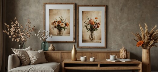 Stylish and modern boho interior of living room with mock up frames, flowers in vase, wooden desk, beige , elegant accessories.
