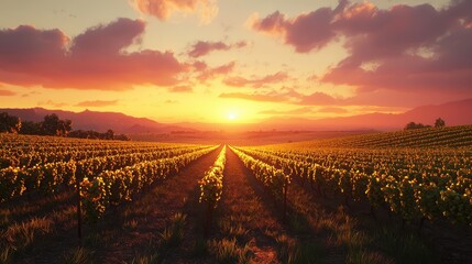 Fototapeta premium Serene Sunset Over Rows of Vineyard Grapes