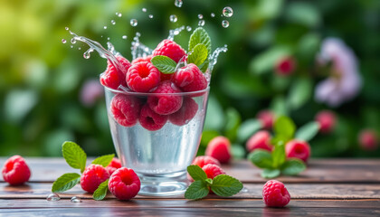 Juicy raspberry. Fresh red raspberries splashing into a glass of water against the background of green foliage on the table. Refreshing drink. Concept.