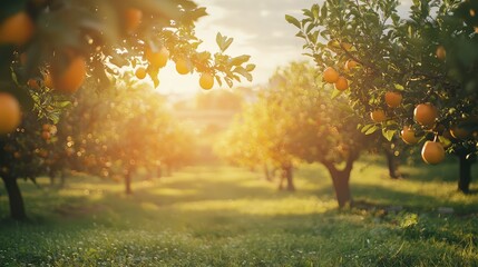 Fototapeta premium Peaceful Summer Orchard with Ripe Fruits Hanging
