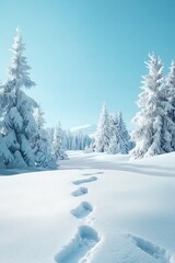 Obraz premium Snowy Winter Landscape with Footprints in the Snow