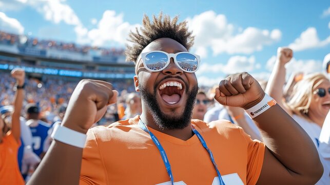 Jubilant sports fan celebrates victory in stadium with sunglasses and orange jersey