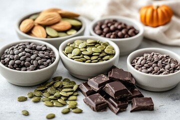 Fototapeta premium Assorted nuts and chocolate for snacking or baking.