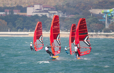  group of windsurfers in a wetsuit on a board glides through the waves in a strong wind on regatta
