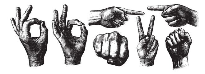 y2k set hands pointing, ok, peace, punch, fight  vector drawing illustration