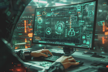 Fototapeta premium Cyber ​​security on the computer screen shows a secure digital interface with various symbols.