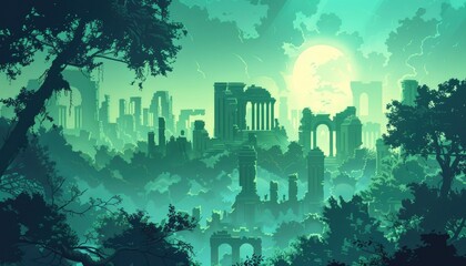 Ancient Ruins Reclaimed by Lush Greenery under a Full Moon
