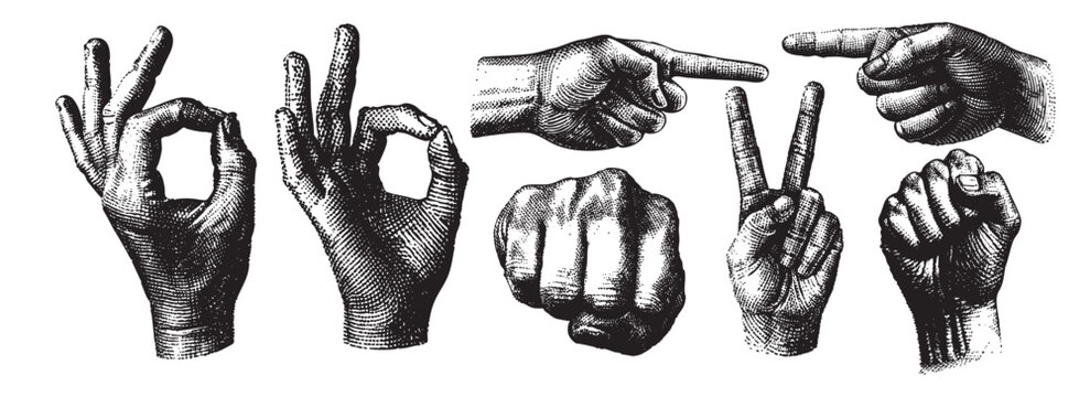 y2k set hands pointing, ok, peace, punch, fight  vector drawing illustration
