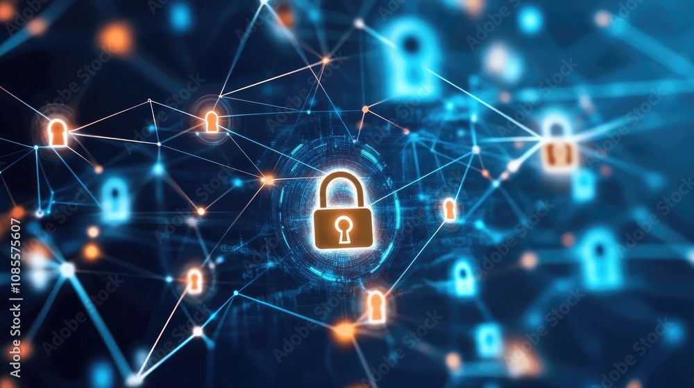 Poster network security concept with padlock hologram on a digital background