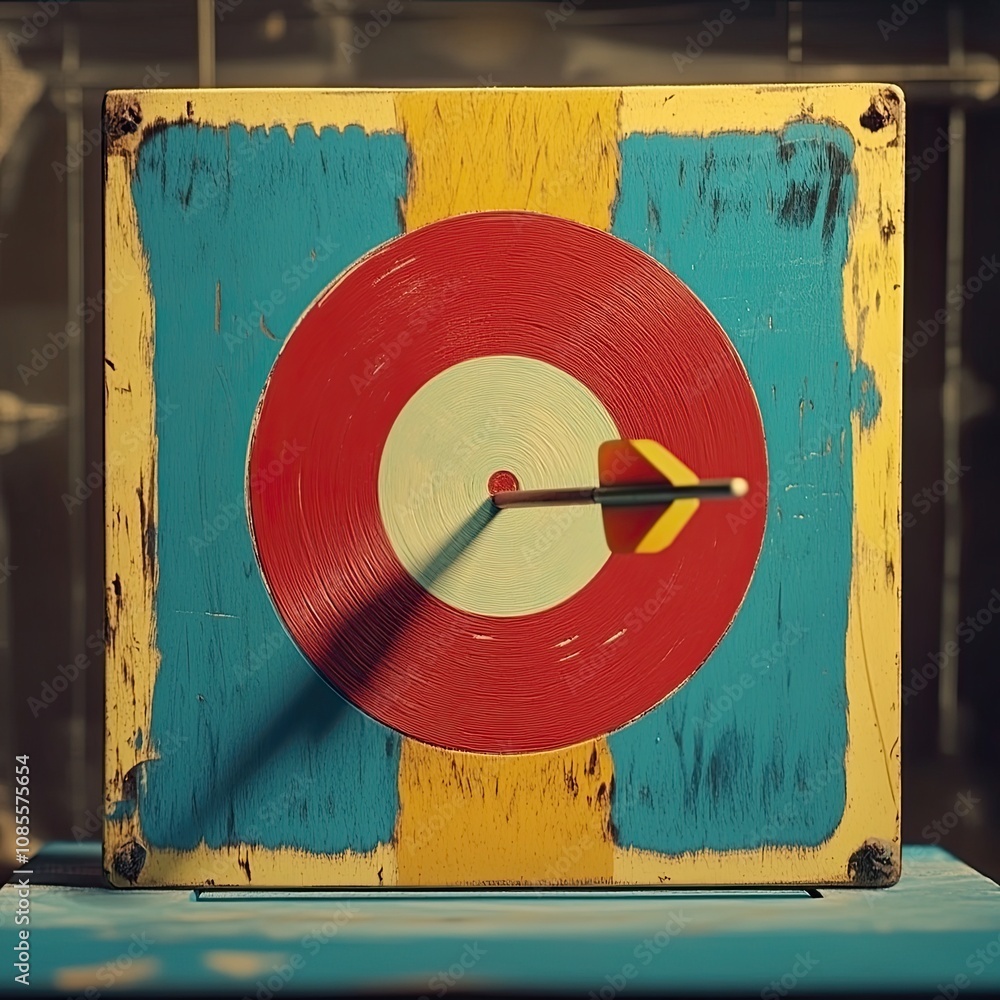 Fototapete the slow movement of an arrow hitting a target. close-up of an arrow hitting a target on a colorful 
