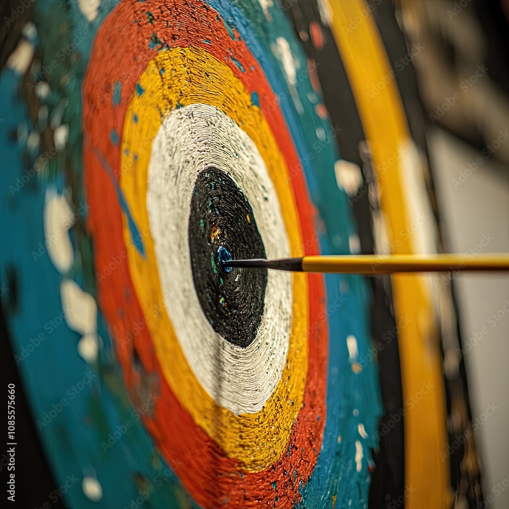 Fototapete the slow movement of an arrow hitting a target. close-up of an arrow hitting a target on a colorful 