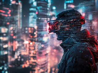 Hacker in Augmented Reality Glasses Scans Futuristic Cityscape with Wireless Networks and Data Streams