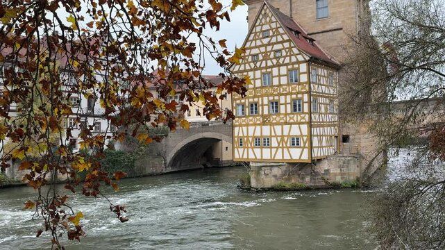 Old town hall of Bamberg with regnitz river  in autumn 4k Upper Franconia, Bavaria, Germany, Europe Video