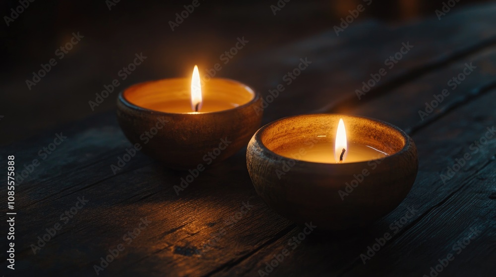 Poster two beautiful clay bowls with glowing candles on rustic wooden surface, creating a warm and inviting