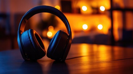 Stylish Black Headphones on a Wooden Table with a Softly Lit Background Creating a Cozy Atmosphere for Music Lovers and Audiophiles in a Modern Setting