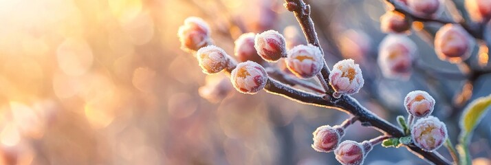 Newly blossomed bud on frost covered tree  spring frosts and the risk of crop loss ahead