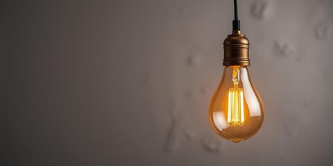 Vintage hanging light bulb casting warm glow over gray surface, vintage, vintage style