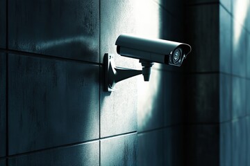 Modern security camera on wall - surveillance, safety, technology in urban environment