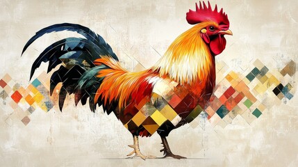 Vibrant geometric rooster artwork in warm hues of red, yellow, and orange on a light background