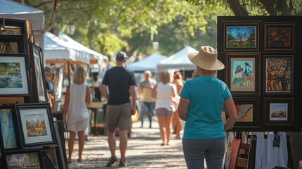 Outdoor art fair with booths, framed art, and people browsing