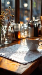 A cozy caf? scene with a cup of coffee and notes on a table.