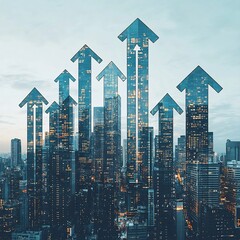 Skyscraper Arrows Symbolizing Business Success and Expansion in City Skyline