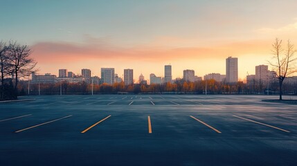 Fototapeta premium Quiet parking lot with painted spaces, overlooking a modern city skyline at dawn with warm golden tones.