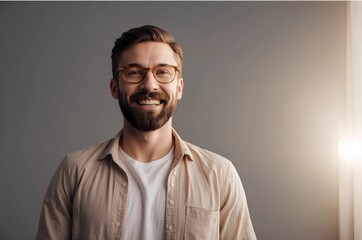 Obraz premium Portrait of smiling young bearded handsome man looking to the side with his eyes and open mouth wearing white t-shirt and beige shirt isolated on grey wall background with copy space. (1)