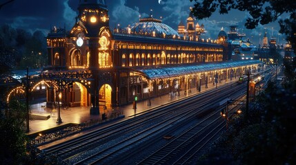 Illuminated Night Scene of Railway Station Tracks